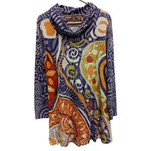Amma Tunic Top Womens XL Abstract Wearable Art BOHO Hippie Cowl Neck Long Sleeve